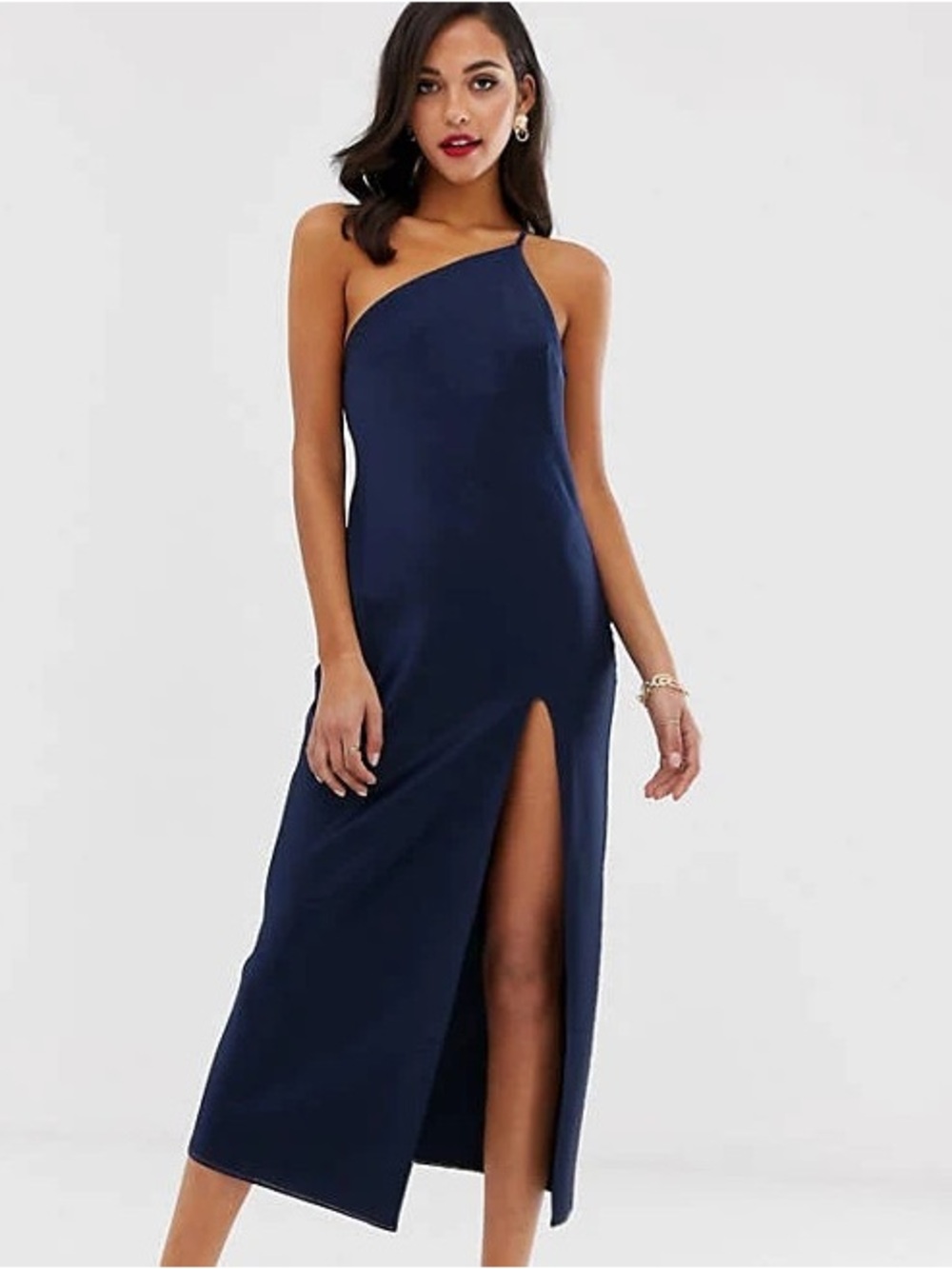 ASOS One-Shoulder Navy Maxi Dress with High Slit